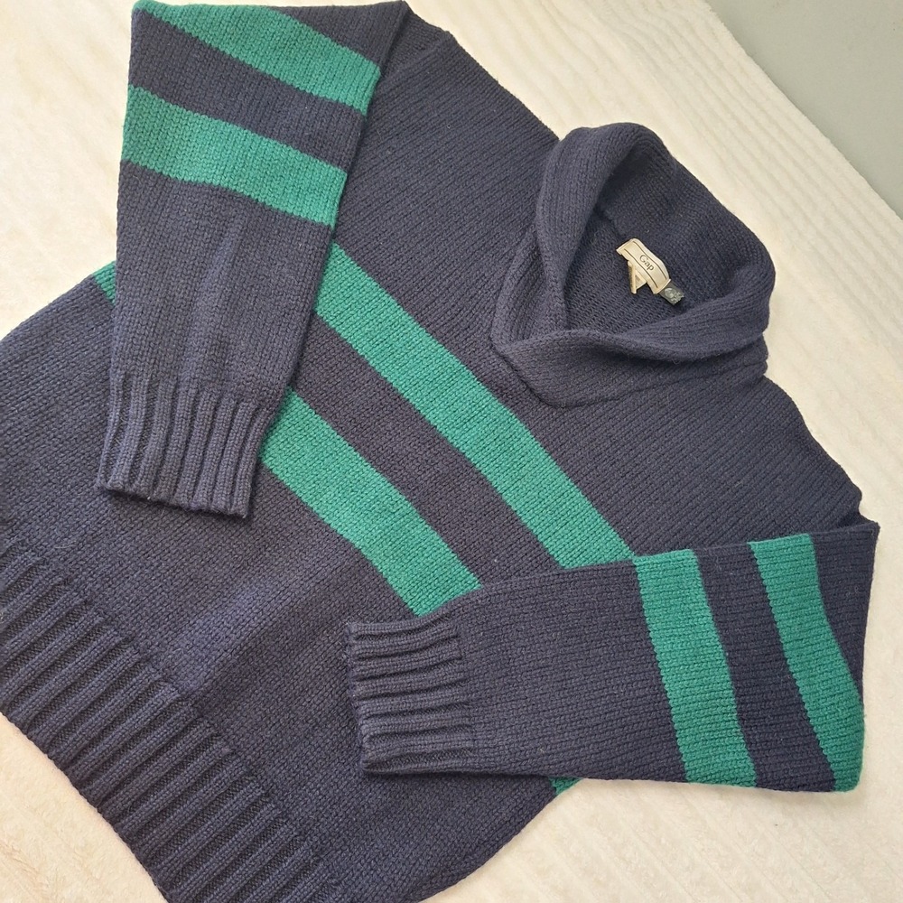 Vintage GAP 100% Wool Shawl Neck Sweater Mens M Blue Green Striped Academia 80's
